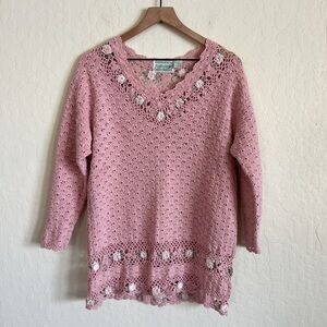 Vintage Colleen’s Collectables Hand Knit Crochet Floral Cottagecore Sweater Med